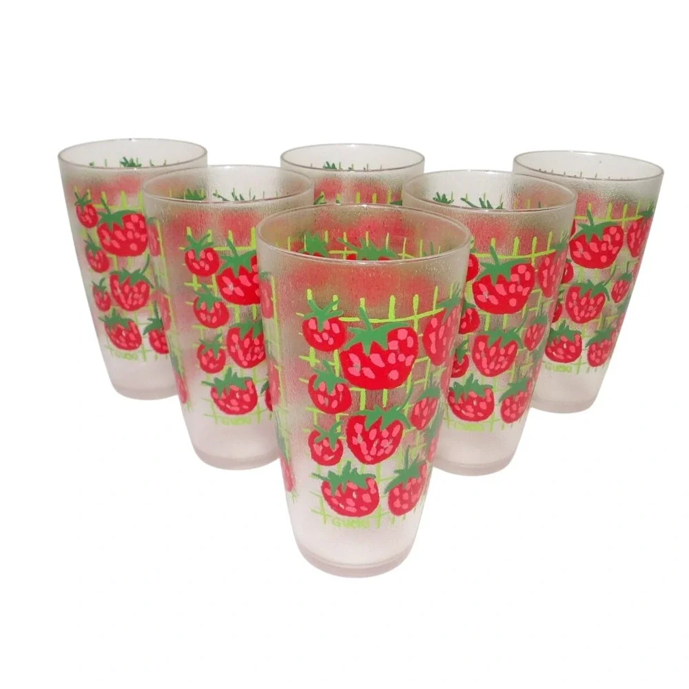 Vintage Gucki Frosted Strawberry Trellis Glass Tumblers Set of 6 Red Green Retro